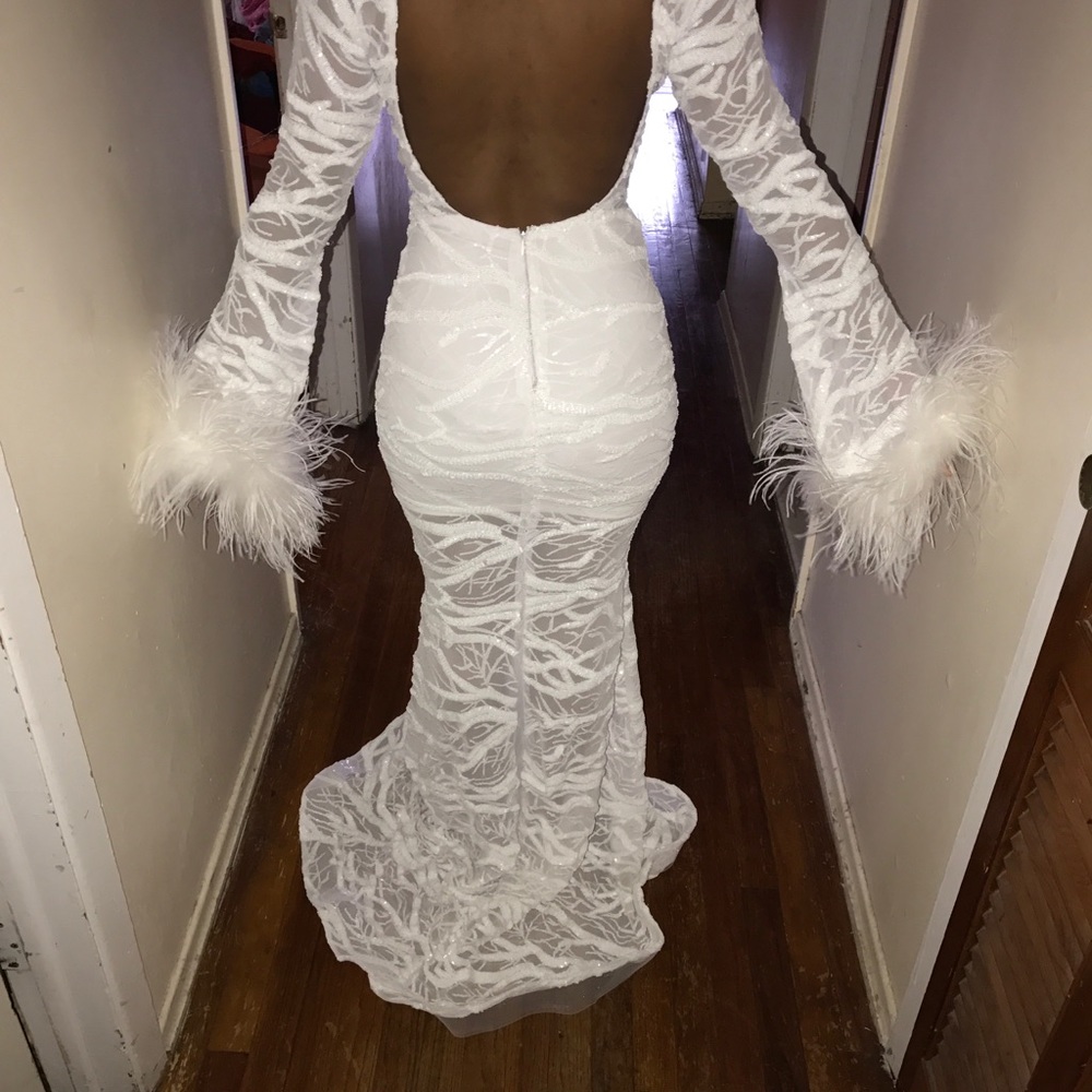 Custom white sequin long fur dress